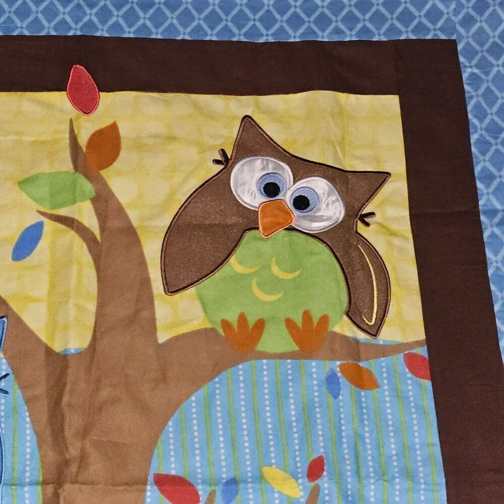 Handmade Baby Blanket Comforter Wall Decor 35x41 Owls In Tree Leaves Blue Brown
